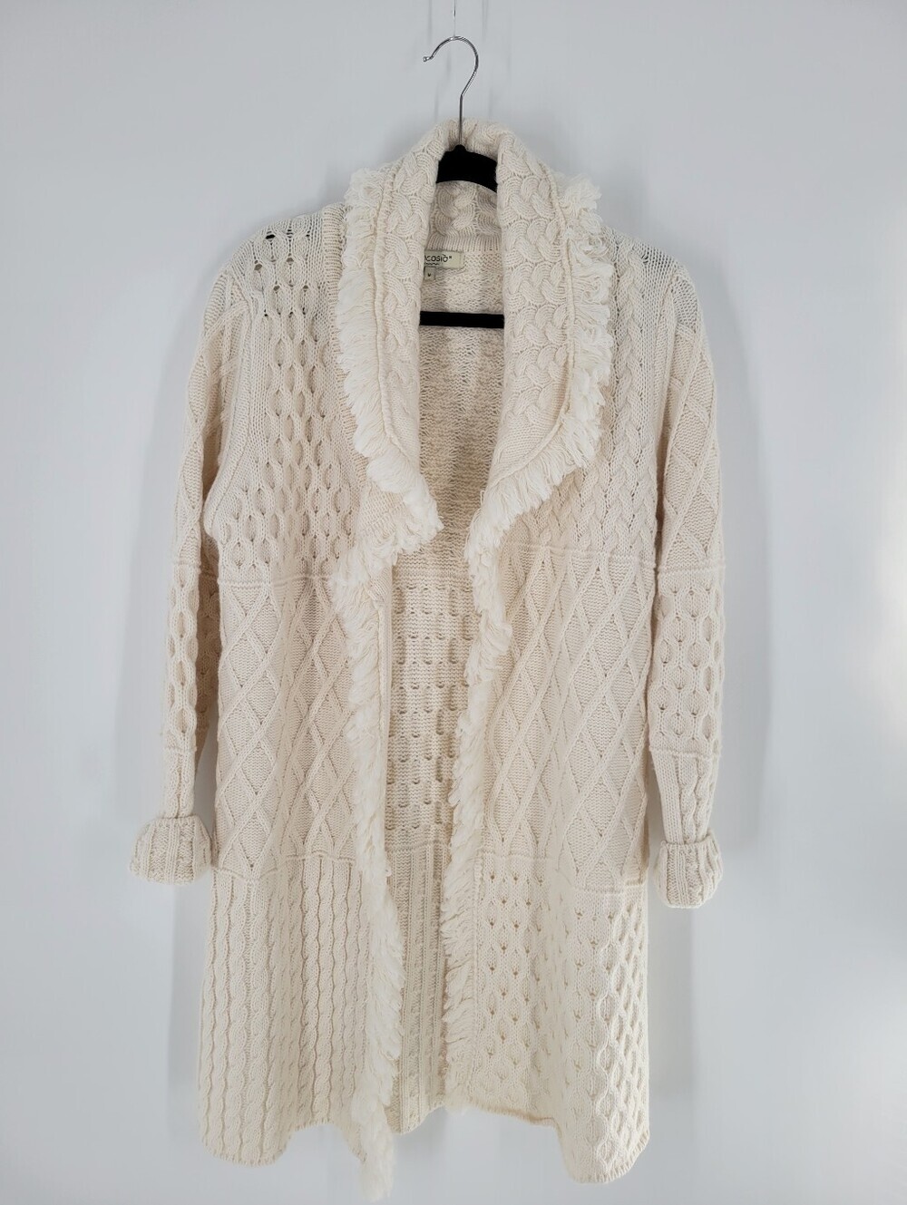 Cocogio Cream Cable Knit Fringe Wool Blend Open Cardigan Size M Oversized